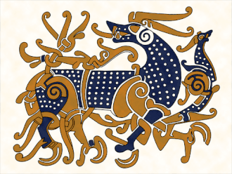 Grabstein von St. Paul, London, Großbritannien. Stirnplatte eines Sarkophages. 1852 auf dem Friedhof von St. Paul neben einem Skelett aufgefunden. Großes Tier ähnlich dem auf der Wetterfahne von Heggen.[6]