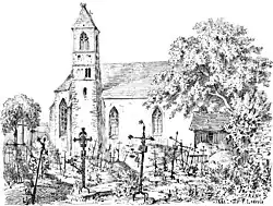Kirche und Friedhof von Norden im Jahr 1880. Das romanische Fenster in der Langhauswand ist noch nicht freigelegt.