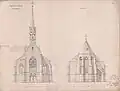 Vorderansicht und Rückansicht zum Neubau der Kirche, Entwurf II, November 1857