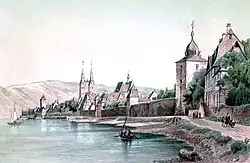 Stadtansicht von Jakob Becker, 1856, drei Jahre vor dem Abbruch der Turmbrücke