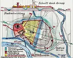 Wasserstände, Wehrmauern und Türme von Arnau