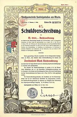 Schuldverschreibung der Stadtgemeinde Ludwigshafen über 2.000 Mark Reichswährung als Anteil an der vierprozentigen Anleihe von 3.370.900 Mark, aufgenommen am 20. Juni 1906 für Straßenzwecke, zur Errichtung einer Schlachthofanlage, zur Durchführung von Schulhausbauten, zur Erweiterung der elektrischen Straßenbahn, des Krankenhauses und des Wasserwerkes, sowie zum Zwecke der Aufschließung von Industriegelände