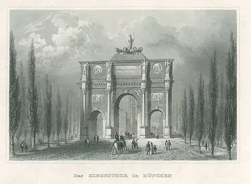 Stahlstich: München - Siegestor um 1850