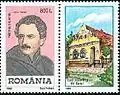 Briefmarke Rumänien, 1998: links Nikolaus Lenau, Dichter, geboren 1802 in Lenauheim. Rechts im Bild ein schwäbisches Haus im Banat.