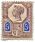 5d-Briefmarke vom Thronjubiläum 1887 – eine der ersten britischen Briefmarken, die zweifarbig gedruckt wurde.