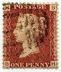 Eine gezähnte Penny Red mit Buchstaben in den vier Ecken und Plattennummer 148, die somit frühestens 1871 gedruckt wurde.