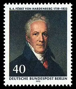 Briefmarke der Deutschen Bundespost Berlin zum 150. Todestag Hardenbergs (Bild von Johann Heinrich Wilhelm Tischbein)
