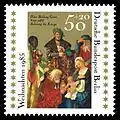 Berliner Weihnachts-Briefmarke von 1985, Motiv: Anbetung der Könige, Mitteltafel des Dreikönigsaltars von 1506/07, mit Selbstbildnis von Hans Baldung als einer der Drei Könige (Gemäldegalerie Berlin)