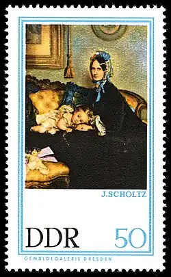 Großmutter und Enkelin (Gemälde von Julius Scholtz 1863; als 50&nbsp;Pf-Sondermarke der DDR-Post 1967)
