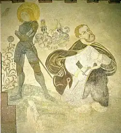 Stephan von Venningen mit St Georg. Im Hinter­grund die Wappen derer von Venningen und seiner Frau Margarete, geb. von Gemmingen 1516. Fresko in Burg Neidenstein