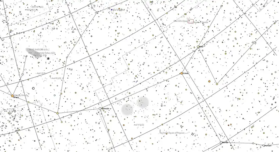 Stephans Quintett. Das rote Rechteck entspricht dem fotografierten Ausschnitt.