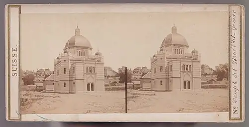 1860er Kartonscheibe für Stereoskop mit Fotos der Synagoge in Genf, in der Sammlung des Jüdischen Museums der Schweiz.