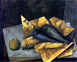 Stillleben mit Fischen, 65 cm × 50 cm, Öl, Collage, Hartfaser, 1965