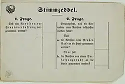 Stimmzettel über die mögliche Verfassungsrevision im Kanton Zürich von 1868 mit zwei verbundenen Stimmfragen in einem Stimmgang, die Stimmabgabe erfolgte durch das Einschreiben von „Ja“ oder „Nein“