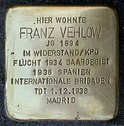 Stolperstein für Franz Vehlow Weimarer Straße 15