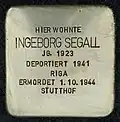 Stolperstein für Ingeborg Segall (Volksgartenstraße 15)