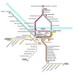 Netzplan der Heidelberger Straßenbahnen mit Neckar als referenz