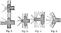 Grundrisstypen von Strebepfeilern bei Gewölbebauten. Fig. 1 = rechtwinklig außen ansetzend, Fig. 2 = rechtwinklig außen und innen ansetzend, Fig. 3 = eingezogen, Fig. 4 = schräggestellt an einem Polygon (Otto Lueger, 1910)