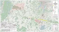 Flugbahnprojektion und Streufeldkarte mit 253&nbsp;dokumentierten Fundpositionen von Tscheljabinsk-Meteoriten