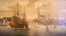 Die Leopoldus Primus auf einem Detailausschnitt aus dem Gemälde Ansicht Hamburgs von Südwesten von Johann Georg Stuhr von 1688.