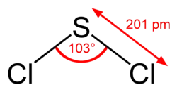 Strukturformel von Schwefeldichlorid mit Bindungswinkel und -länge