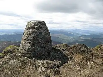 Aussichtstafel am Gipfel, Blick nach Südwest. Der kegelförmige hohe Berg im rechten Viertel ist der 25&nbsp;km entfernte Schiehallion