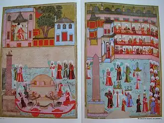 Linke beiden Bilder: Parade der Glasbläser Rechte beiden Bilder: Parade der Architekten aus dem Surname-i Hümayun, um 1582–1588