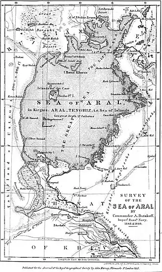 Die Karte des Aralsees von 1853 veröffentlicht für das Journal der Royal Geographical Society in London.