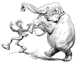 Der Gärtner hat sehr dünne Gliedmaßen, im Vergleich dazu sehr große Füße und abstehende Haare. An einem Strick führt er hinter sich einen Elefanten. Dieser geht auf den Hinterbeinen, während er mit den Vorderbeinen eine Flöte spielt und mit dem Rüssel den Hut des Gärtners über diesem herträgt.