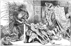 Mehrere Leute stehen vor einer Tür und versuchen diese zuzudrücken, während ein Stachelschwein herausdrängt. Am Rande sind einige Menschen zu sehen, die entsetzt fliehen.