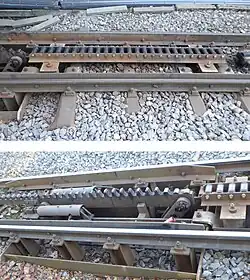 oben: Synchronisierungslamelle, Einfahrt von links unten: Einfahrlamelle mit hydraulisch gedämpfter Rückstelleinrichtung (links, zweifach), Einfahrt von rechts