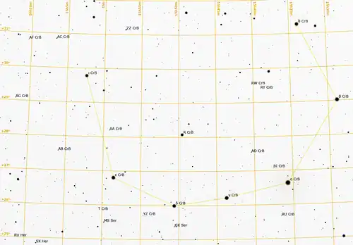 T Coronae Borealis (T CrB) kann wie folgt aufgesucht werden: die Hälfte der Länge der Verbindungslinie von δ CrB nach ε CrB bei ε CrB im rechten Winkel nach links abtragen.