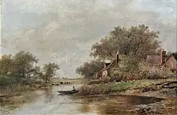 Flusslandschaft mit Angler in seinem Boot