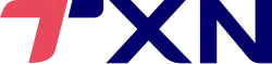 Logo des Senders TXN. Zu sehen sind ein blaues großgeschriebenes T, X und N. Wobei der rechtsoben Strich des X eine Rote Linie zum N zieht.
