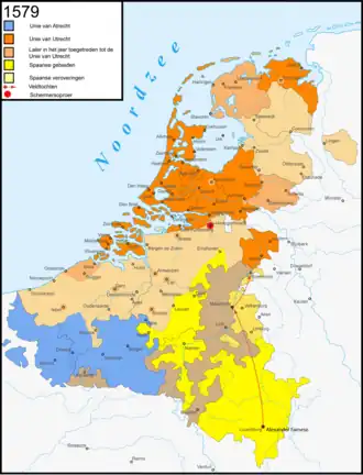 Union von Arras (Atrecht) und Utrechter Union mit Tournai (Doornik) in dem nach Süden gehenden calvinistischen Gebiet