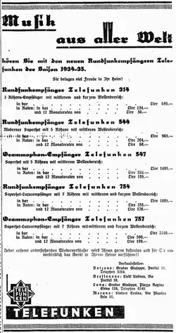 Anzeige in der Bozner Alpenzeitung vom 16. Sept. 1934 mit den Telefunken-Rundfunkempfängern der Saison 1934/35