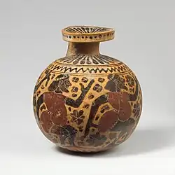 Zwei Aryballoi mit Reigentänzen von Dickbauchtänzern des Malers der New Yorker Komasten: links Namenvase im Metropolitan Museum of Art, Inventarnummer 06.1021.17; um 620/590 v.&nbsp;Chr.; rechts im Museo Arqueológico Nacional de España, Inventarnummer 1999/99/33; um 620/600 v.&nbsp;Chr.