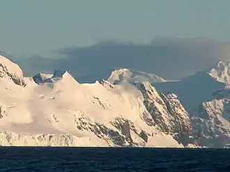Blick von der Bransfieldstraße über den Delchev Ridge auf der Livingston-Insel hinweg auf den Terter Peak (Bildmitte)