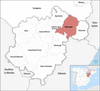 Die Lage der Comarca Bajo Aragón in der Provinz Teruel