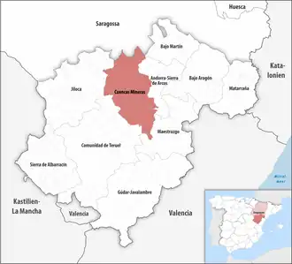 Die Lage der Comarca Cuencas Mineras in der Provinz Teruel
