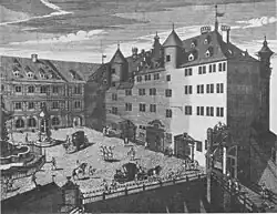Damaliger Schlossplatz, heutiger Schillerplatz, rechts: Alter Wasserturm, 1710.