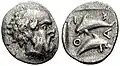 Thasisches Tritartemorion, Silber, etwa 411-340 v. Chr. (Le Rider: Thasiennes 12), SNG Kopenhagen 192010, (8&nbsp;mm, 0.41 g)