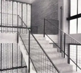 Galmaninis Treppe. Teil des Treppenhauses, mit Details der Treppe des italienischen Designers Gualtiero Galmanini, 1955