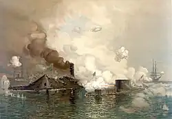 Painting showing Monitor engaging Virginia, 9 March 1862