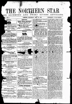 Die Titelseite des Northern Star vom 13. Mai 1876.