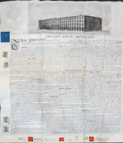 Anleihevertrag über 500 £ des Theatre Royal, Drury Lane, ausgefertigt am 6. Juli 1793, gedruckt auf Pergament. Zu den Gläubigern, die in dem Dokument genannt werden, gehörte u.&nbsp;a. der Dramatiker Richard Brinsley Sheridan.