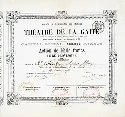 Aktie des Théatre de la Gaité über 1000 Francs, ausgegeben am 19. August 1873, unterschrieben im Original von Jaques Offenbach als Direktor. Offenbach renovierte das Theater von Grund auf, um es am 2. September 1873 mit "Le Gascon", einem Drama von Théodore Barière, zu dem er selbst die Musik beigesteuert hatte, wiederzueröffnen. In die Inszenierung des historischen Dramas "La Heine" von Victorien Sardou, uraufgeführt am 3. Dezember 1874, steckte Offenbach 360.000 Francs, doch der Erfolg blieb aus, was schließlich zur Auflösung der Gesellschaft führte.