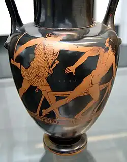Theseus und Prokrustes, Amphora des Alkimachos-Malers, um 470/60 v.&nbsp;Chr.; Staatliche Antikensammlungen, München