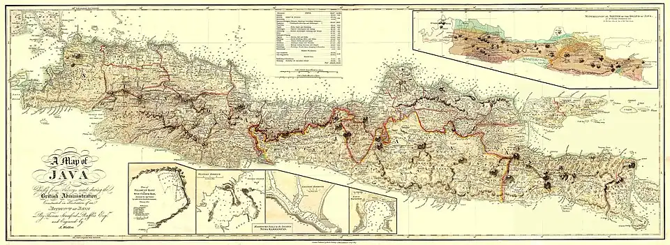 A Map of Java von Raffles und Horsfield. Blattgröße ca. 41 × 114&nbsp;cm, Maßstab ca. 1:966.000.