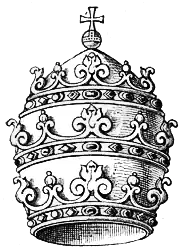 Eine grafische Zeichnung von einer Papstkrone, die in drei Bereiche mit Ornamenten untergliedert ist. Auf der Spitze befindet sich ein Reichsapfel.